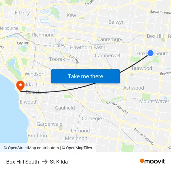 Box Hill South to St Kilda map