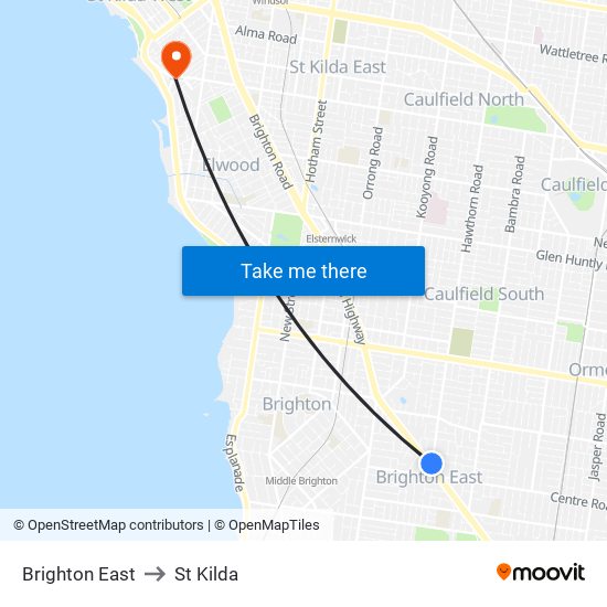 Brighton East to St Kilda map