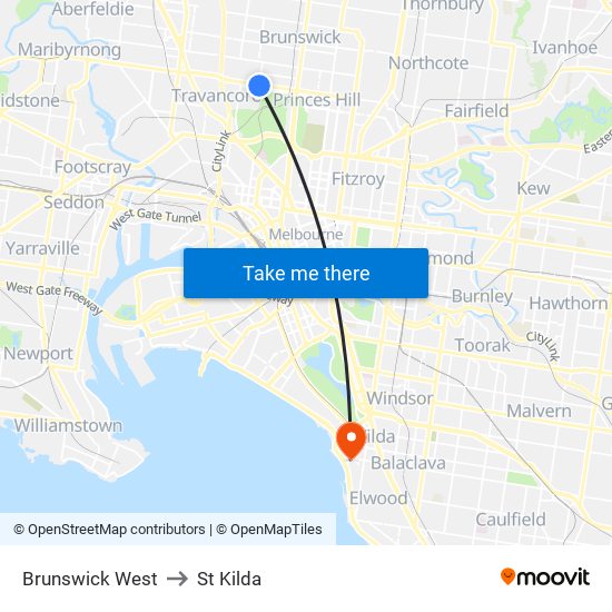 Brunswick West to St Kilda map