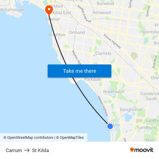 Carrum to St Kilda map