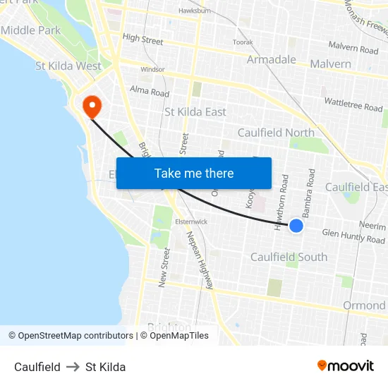 Caulfield to St Kilda map