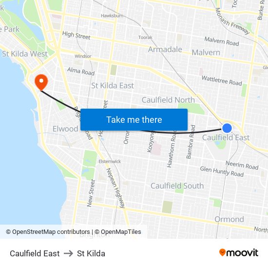 Caulfield East to St Kilda map