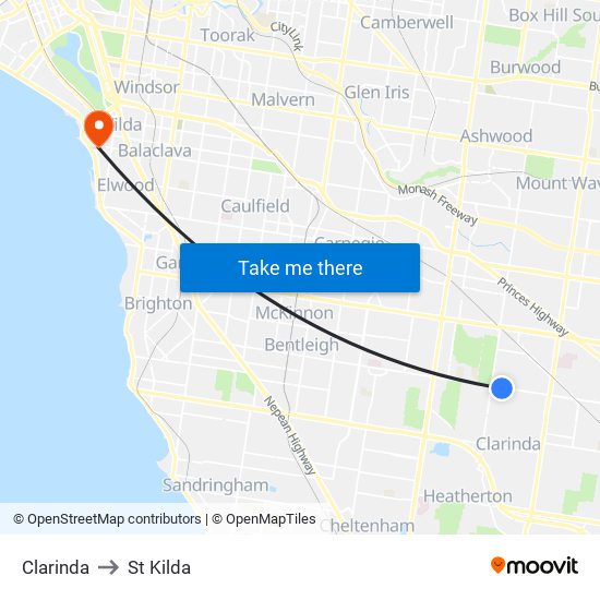 Clarinda to St Kilda map