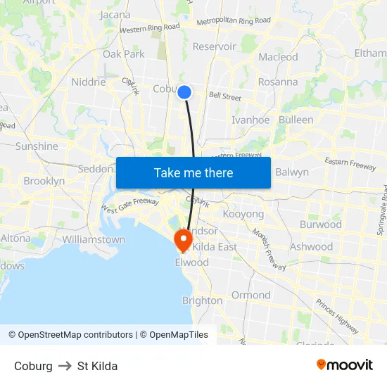 Coburg to St Kilda map