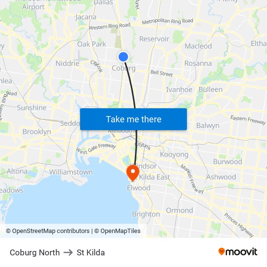 Coburg North to St Kilda map