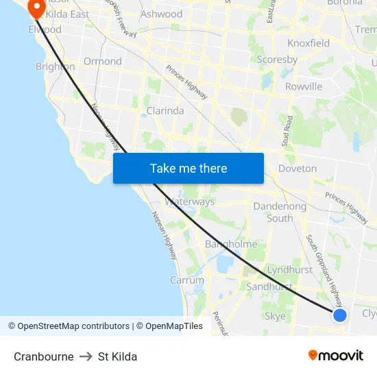 Cranbourne to St Kilda map