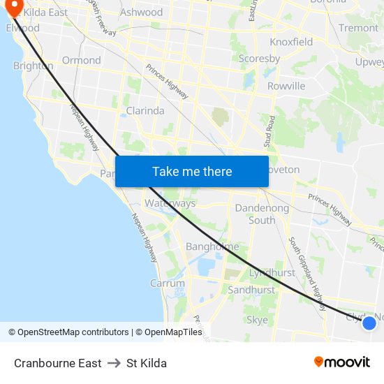 Cranbourne East to St Kilda map