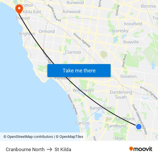 Cranbourne North to St Kilda map