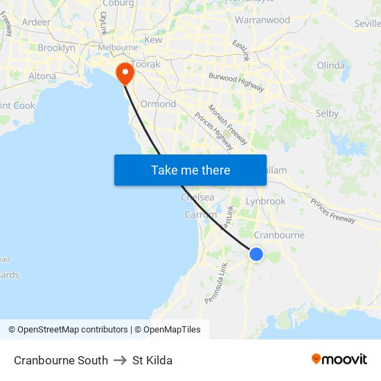 Cranbourne South to St Kilda map