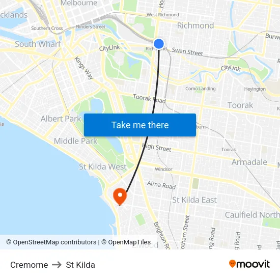 Cremorne to St Kilda map