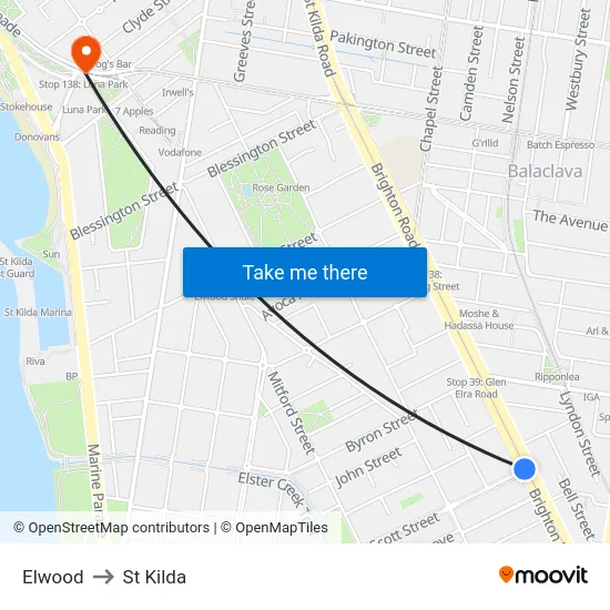 Elwood to St Kilda map