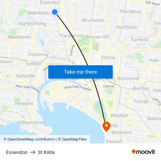 Essendon to St Kilda map