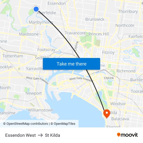 Essendon West to St Kilda map