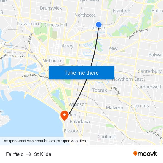 Fairfield to St Kilda map