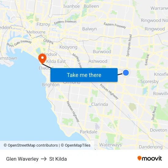 Glen Waverley to St Kilda map