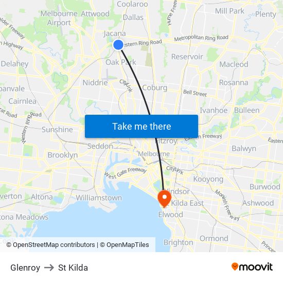 Glenroy to St Kilda map