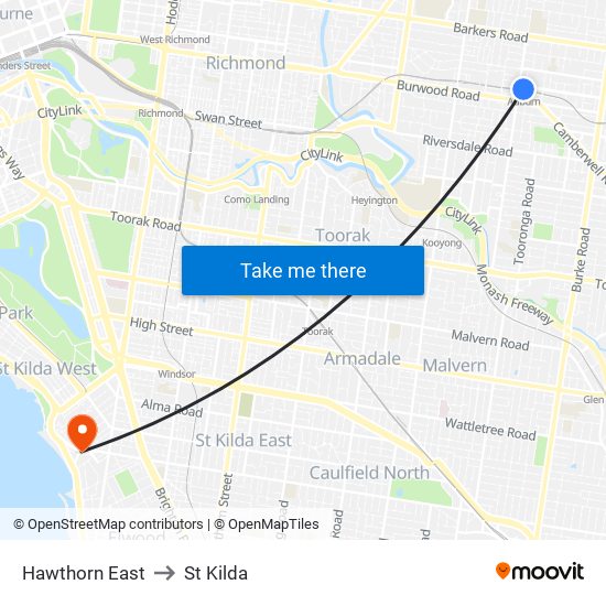 Hawthorn East to St Kilda map