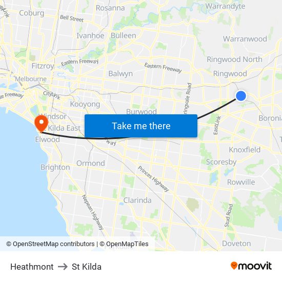 Heathmont to St Kilda map