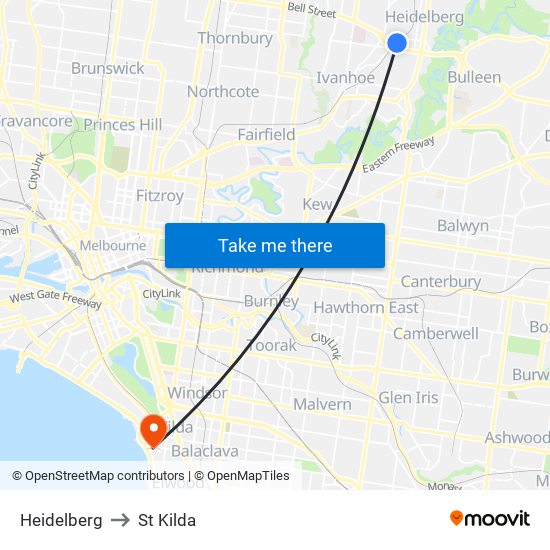 Heidelberg to St Kilda map