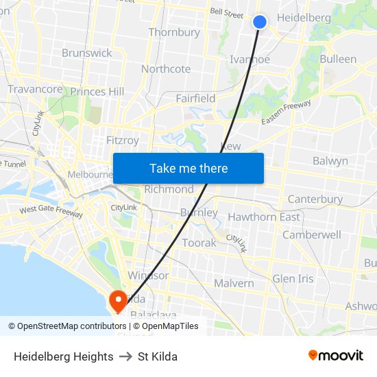 Heidelberg Heights to St Kilda map