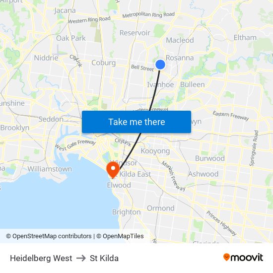 Heidelberg West to St Kilda map