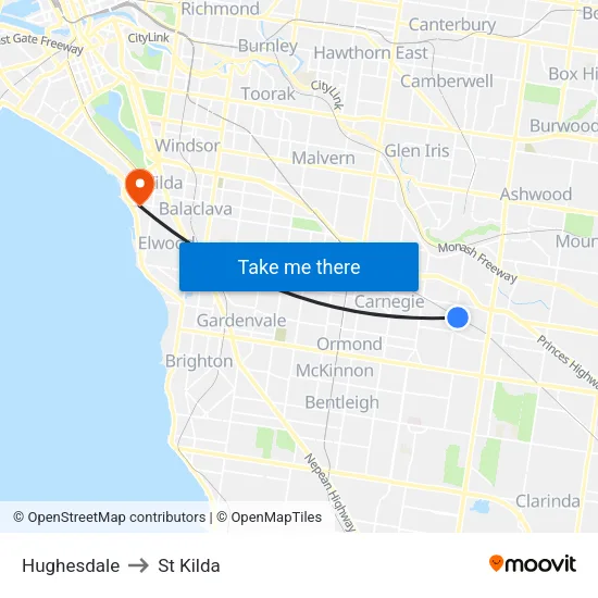 Hughesdale to St Kilda map