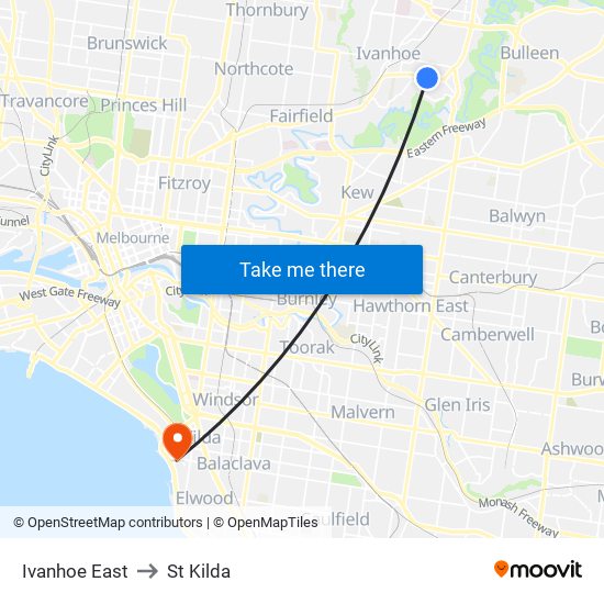 Ivanhoe East to St Kilda map