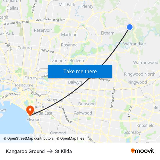 Kangaroo Ground to St Kilda map