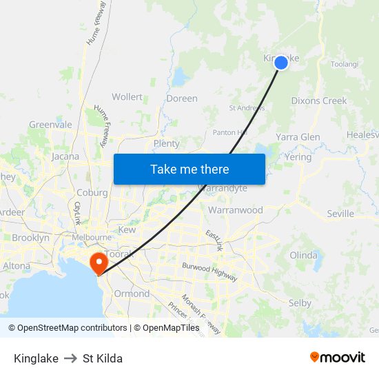 Kinglake to St Kilda map