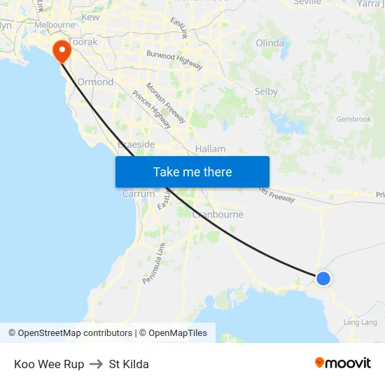 Koo Wee Rup to St Kilda map
