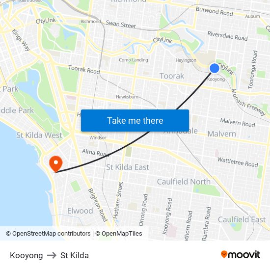 Kooyong to St Kilda map