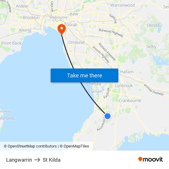 Langwarrin to St Kilda map