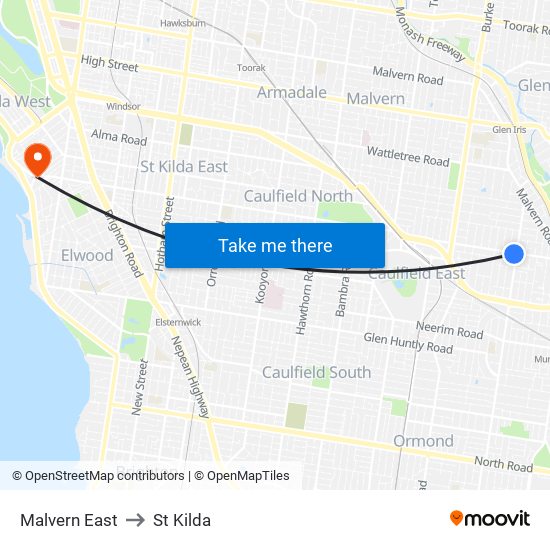 Malvern East to St Kilda map