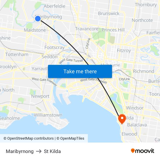 Maribyrnong to St Kilda map