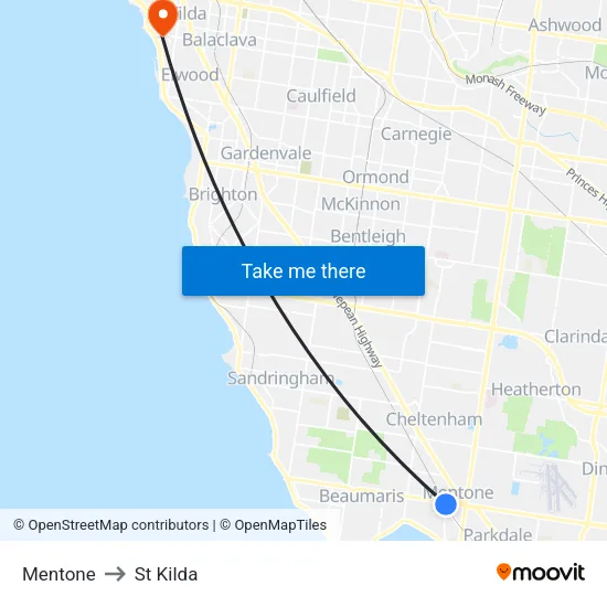 Mentone to St Kilda map