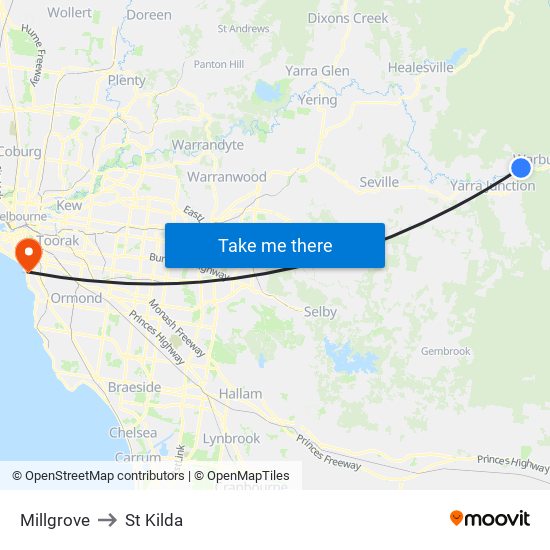 Millgrove to St Kilda map