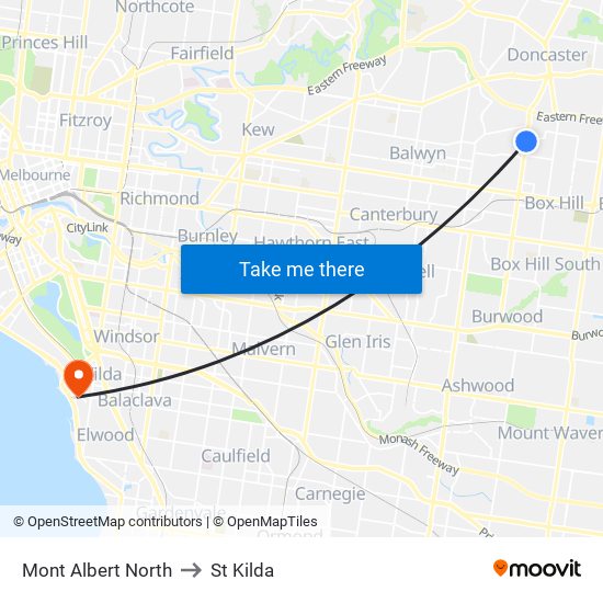 Mont Albert North to St Kilda map