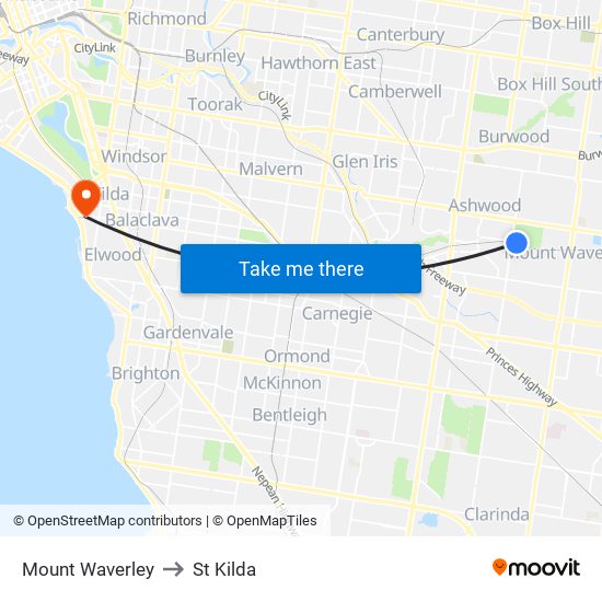 Mount Waverley to St Kilda map