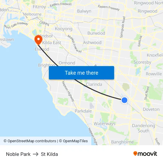 Noble Park to St Kilda map