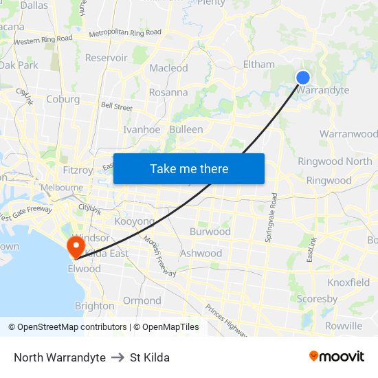 North Warrandyte to St Kilda map