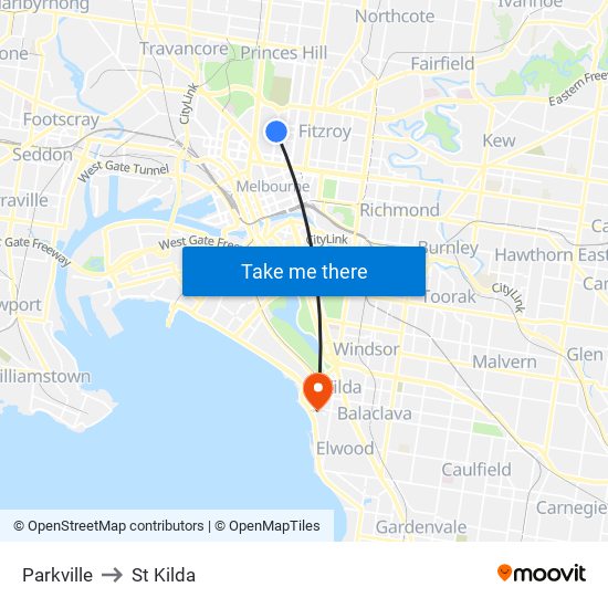 Parkville to St Kilda map