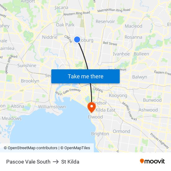 Pascoe Vale South to St Kilda map