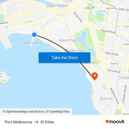 Port Melbourne to St Kilda map