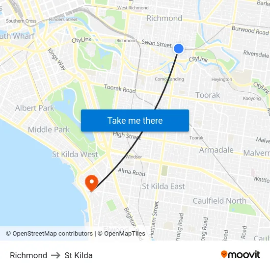 Richmond to St Kilda map