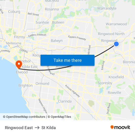 Ringwood East to St Kilda map