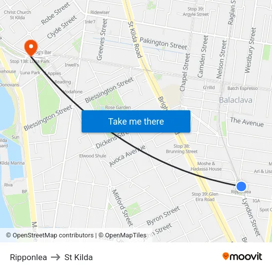 Ripponlea to St Kilda map