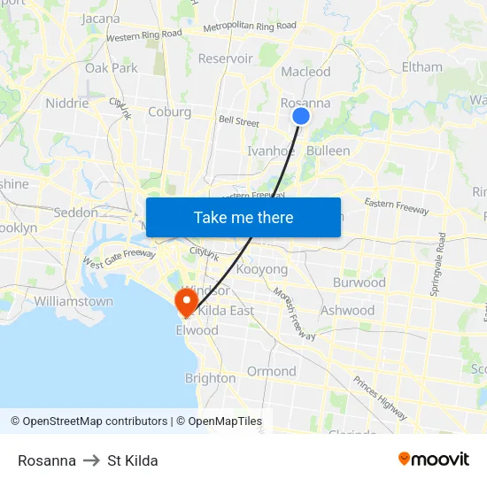 Rosanna to St Kilda map