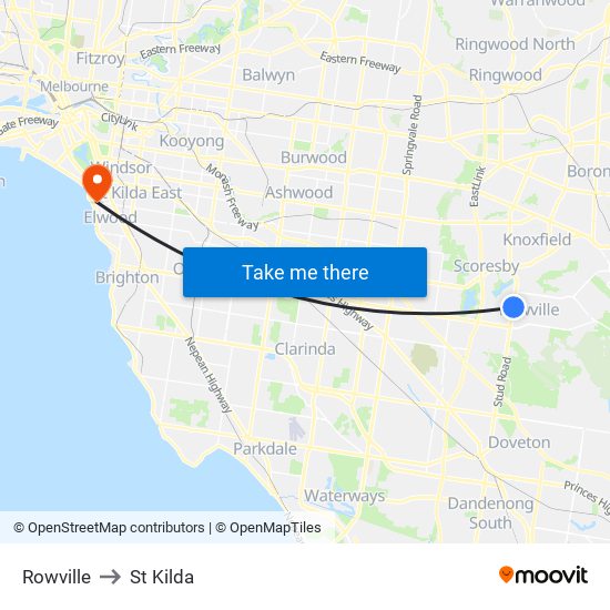 Rowville to St Kilda map