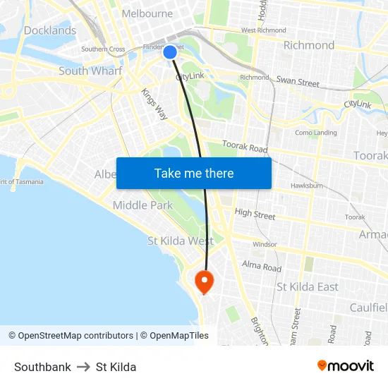 Southbank to St Kilda map