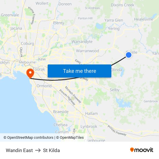 Wandin East to St Kilda map